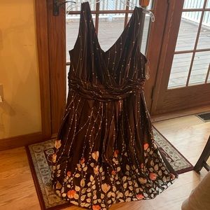 Chocolate brown lined satin party dress with floral border